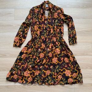 M Missioni Long Sleeve Neck Tie Floral Print Brown Midi Dress NWOT Size 40 IT